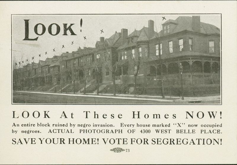 1915 Postcard showing a row of homes owned by Black residents and urging citizens to vote for a segregation law