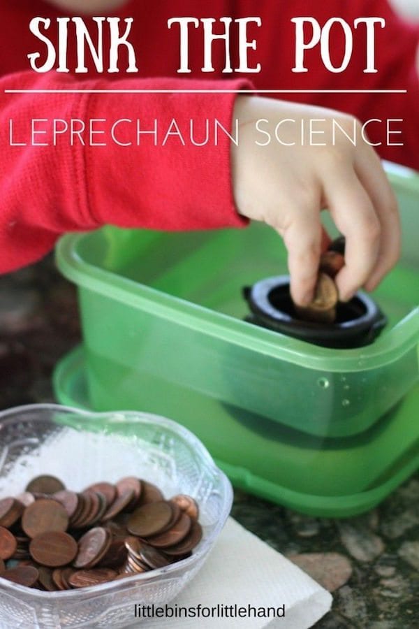 a child's hand places pennies into a tiny plastic pot floating in a bin of water