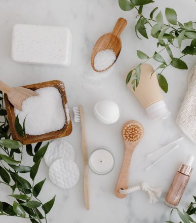 body care products on a small bathroom table