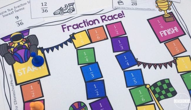 A fraction race gameboard with colorful squares