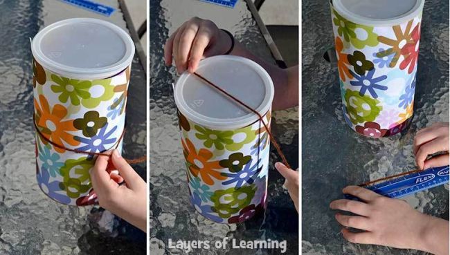 A trio of pictures showing a child measuring an oatmeal container
