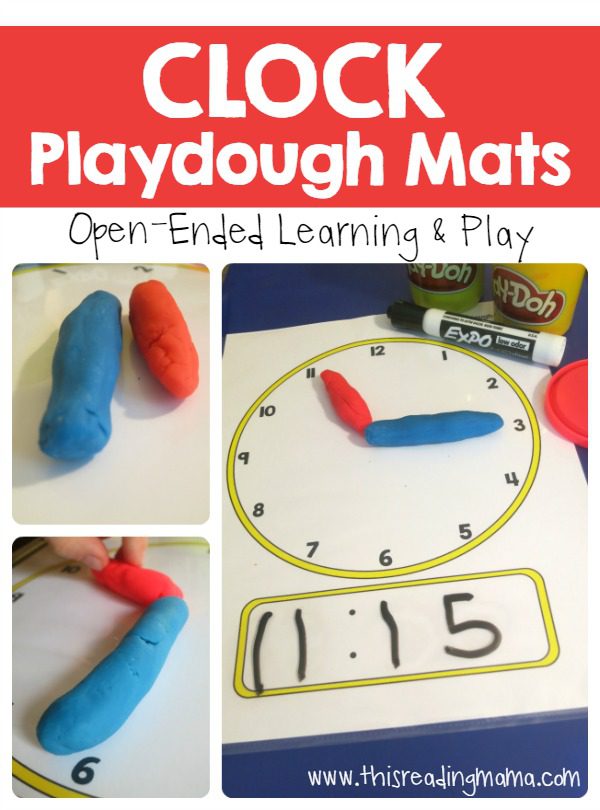 A mat has a picture of a clock on it and play dough has been used as the hands of the clock in this example of telling time games.