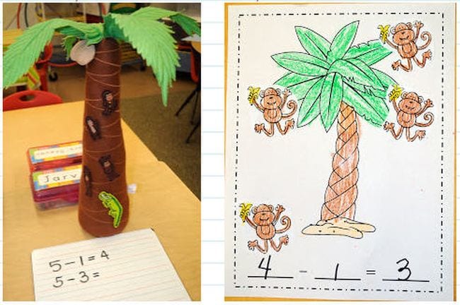 A math worksheet with a coconut tree and monkeys on it next to a stuffed coconut tree on a desk