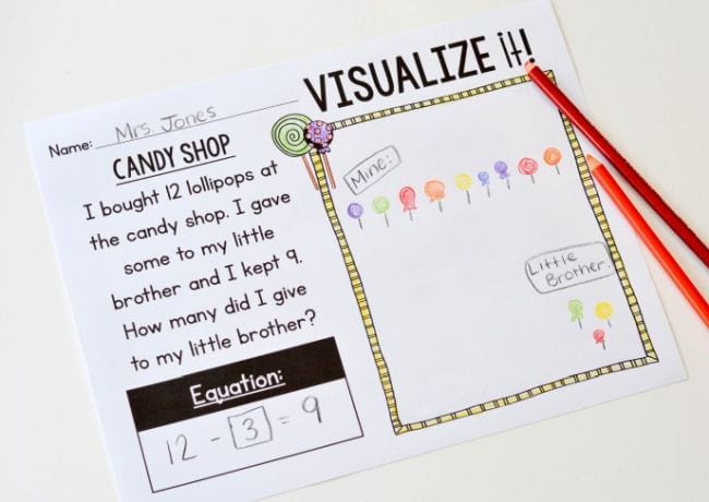 A math worksheet with a story problem and space for using the visualize strategy