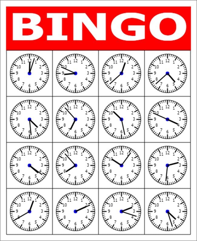 Bingo card with analog clocks set at different times in the squares.