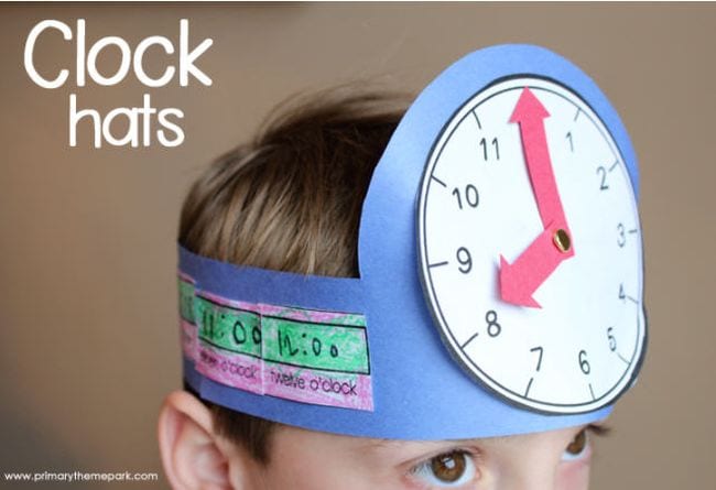Student wearing a headband with a paper clock attached
