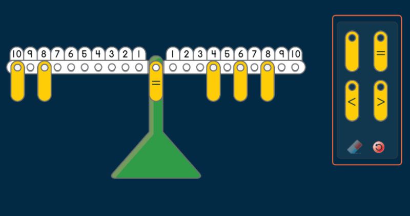 Virtual math scale showing a balanced set of numbers adding up to 18 on each side