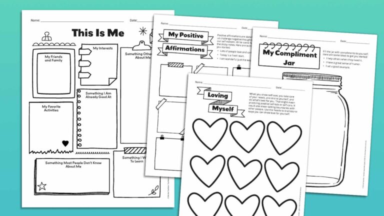 Flat lays of self-esteem worksheets