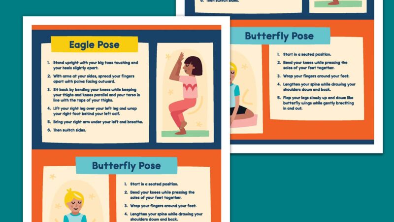 Printable yoga poses for kids posters featuring Butterfly Pose