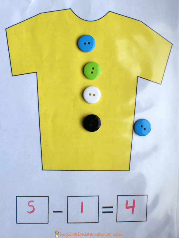 A colorful worksheet with a t-shirt and buttons as an example of fun subtraction activities