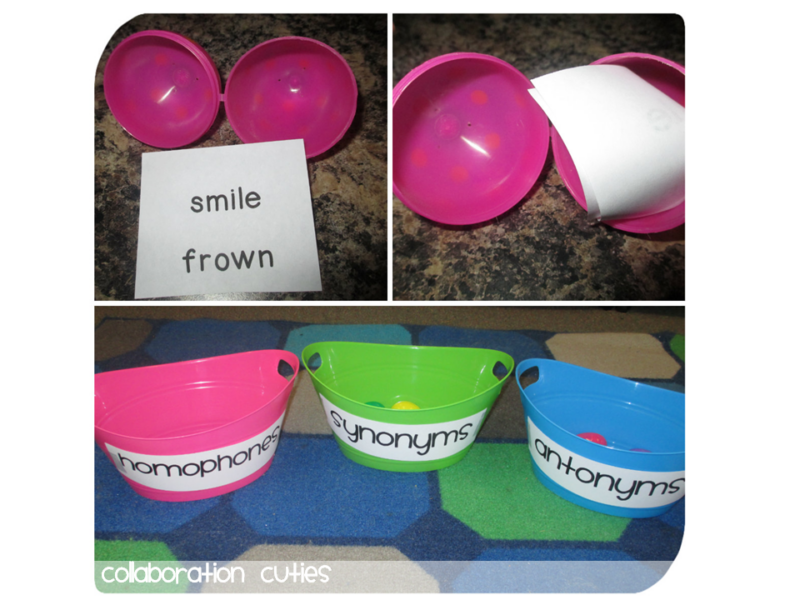 Plastic eggs with synonyms and antonyms inside for a plastic egg activity 