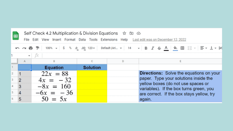 Screen shot of easy Google Sheets hack for math teachers