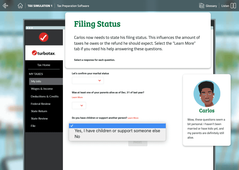 Screenshot from TurboTax Simulation to help students learn about taxes