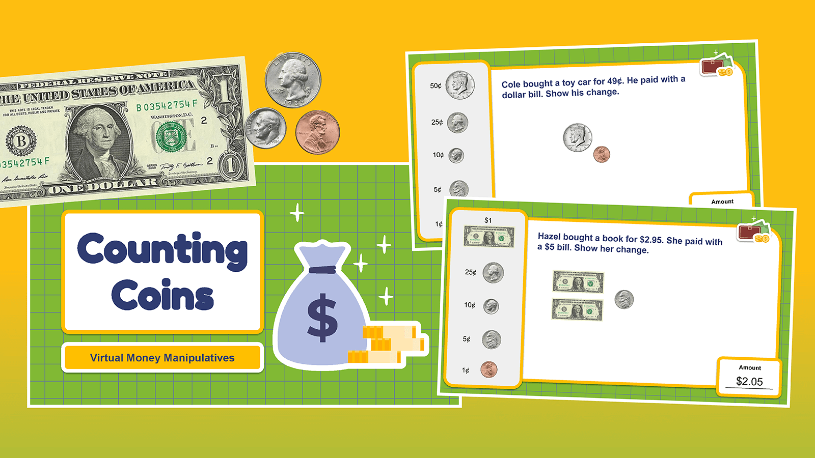 Flat lay of virtual money manipulatives slides