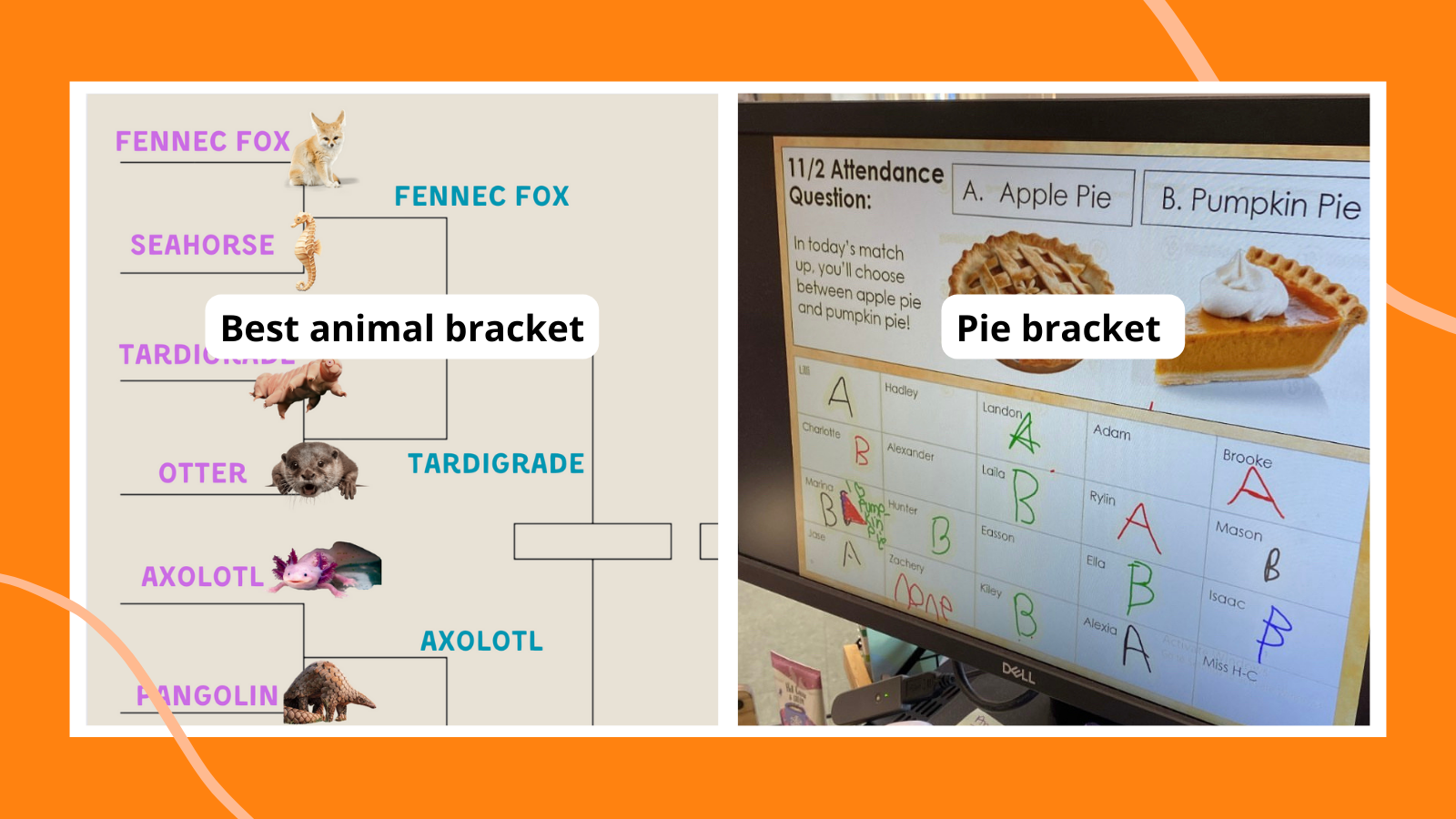 Two photos of examples of attendance brackets