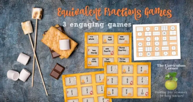 An equivalent fractions game worksheet with s'mores ingredients on a table