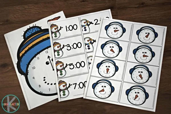 Snowman time telling printables are shown. This is an example of telling time games.